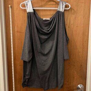 Size 22 - Nextmis - Gray Short Sleeve Cold-Shoulder Pullover w/Sequin Trim